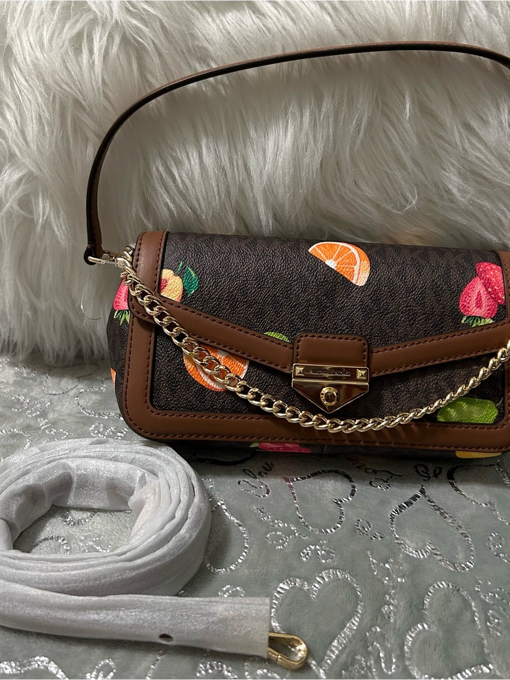 NWT Michael Kors Soho Fruit Printed Signature Logo Convertible Crossbody Brown - Picture 2 of 13